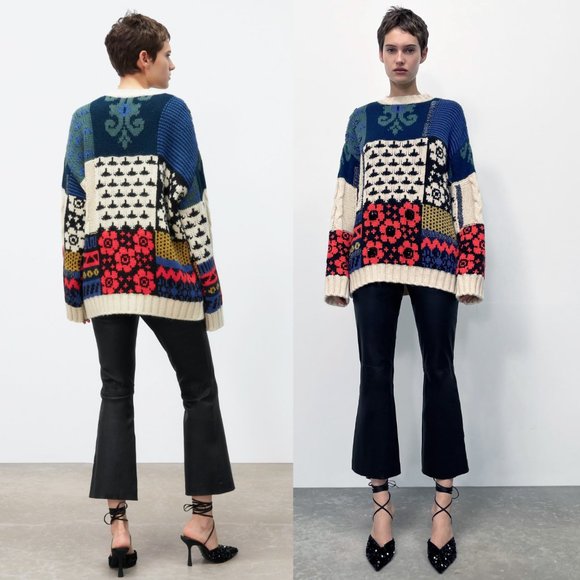 NEW Zara Patchwork Wool Blend Beaded Applique Oversize Limited Edition Sweater M - Picture 5 of 16